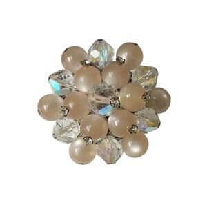 1950s Clear AB Faceted Crystals Pale Pink Lucite Beads Round Circle  Pin Brooch